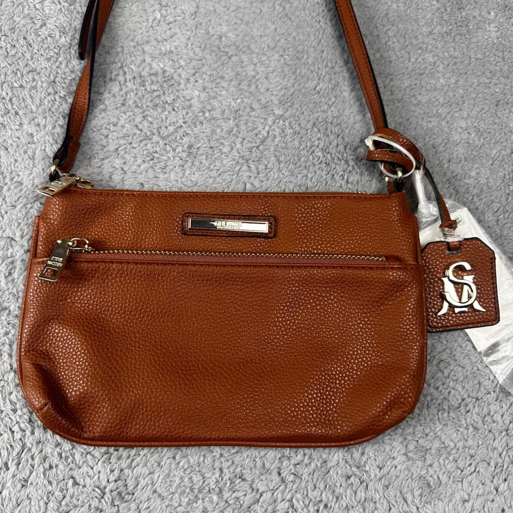 Steve Madden Crossbody Bag Womens Small Cognac Brown Pebbled Gold Hardware New